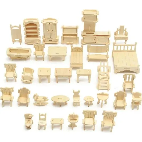 Mofy Baby 184 Parts Can Be Dyed Natural Wooden 3D Model Miniature Furniture Set