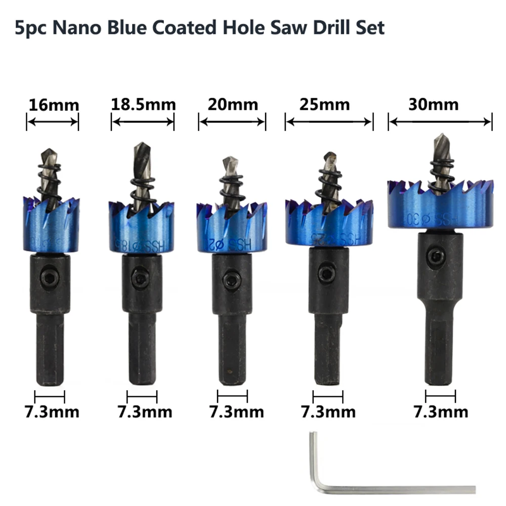 

Hole Saw Set 5pcs 16/18.5/20/25/30mm Nano Blue Coated HSS Core Drill Metalworking Bit