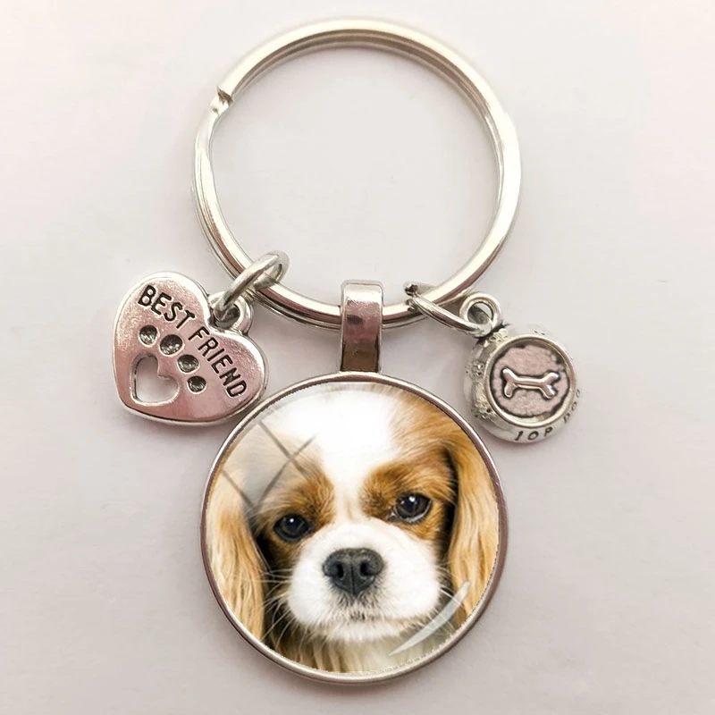 Fluffy Dog glass cabochon keychain Smart patient and kid-friendly French bulldog key chain men women jewelry gift