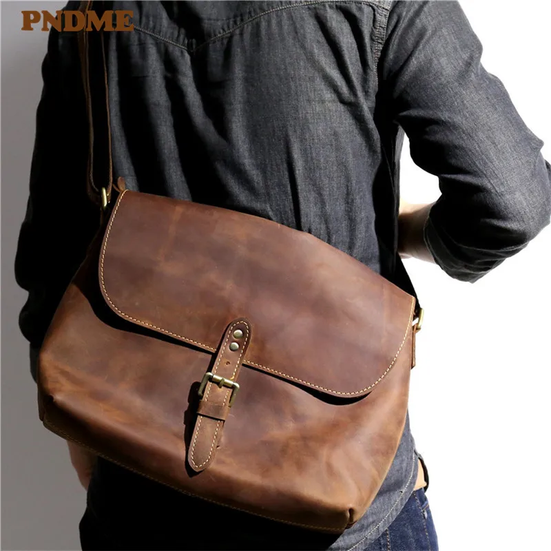 PNDME fashion trend vintage crazy horse cowhide men\'s shoulder bag outdoor casual daily designer genuine leather messenger bag