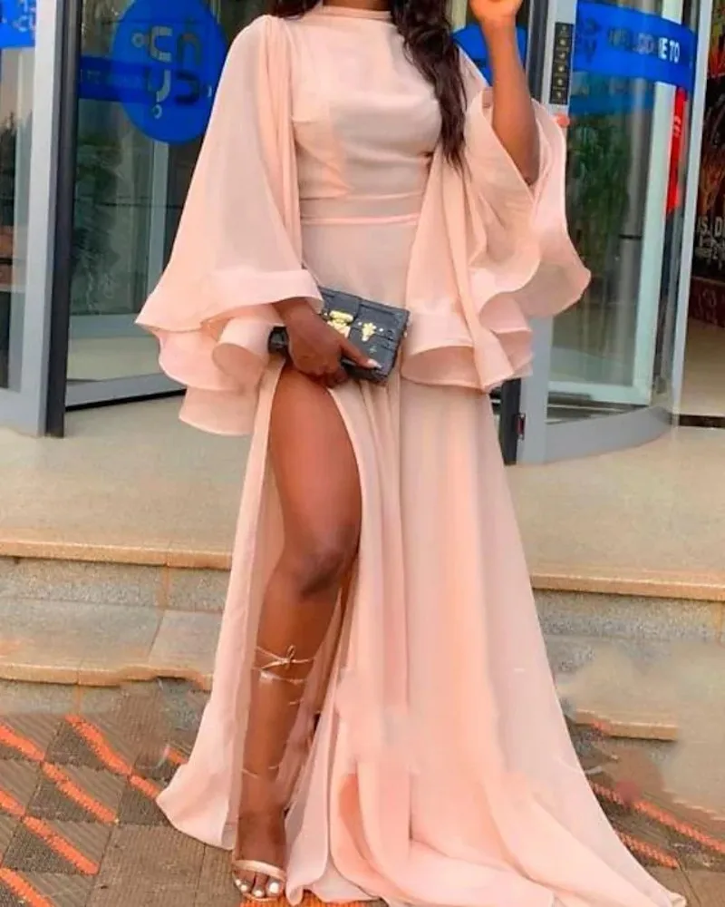 

Blush Arabic Dubai Long Evening Dress High Neck Long Sleeve Ruffles Split Front Prom Party Gown Vestidos Fiesta Robe De Soiree