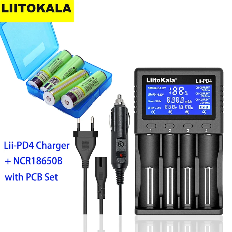 LiitoKala NCR18650B with PCB 3.7V 3400mAh 18650 Rechargeable Li-ion Battery with Lii-PD4 Smart LCD Universal Battery Charger Set