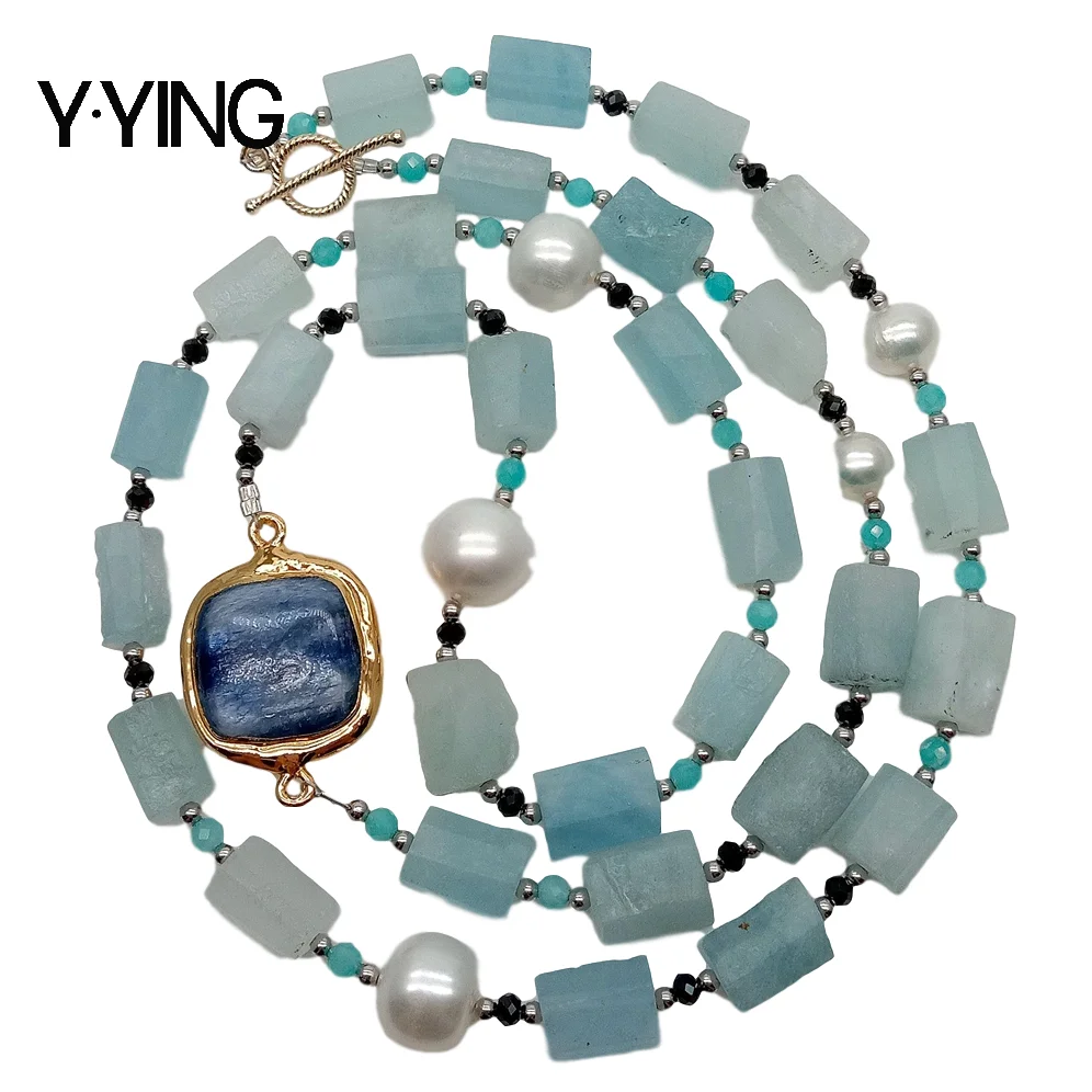 

Y·YING Natural Blue Aquamarines onyx Amazonite White Pearl Blue kyanite Long Necklace sweater chain necklace for women