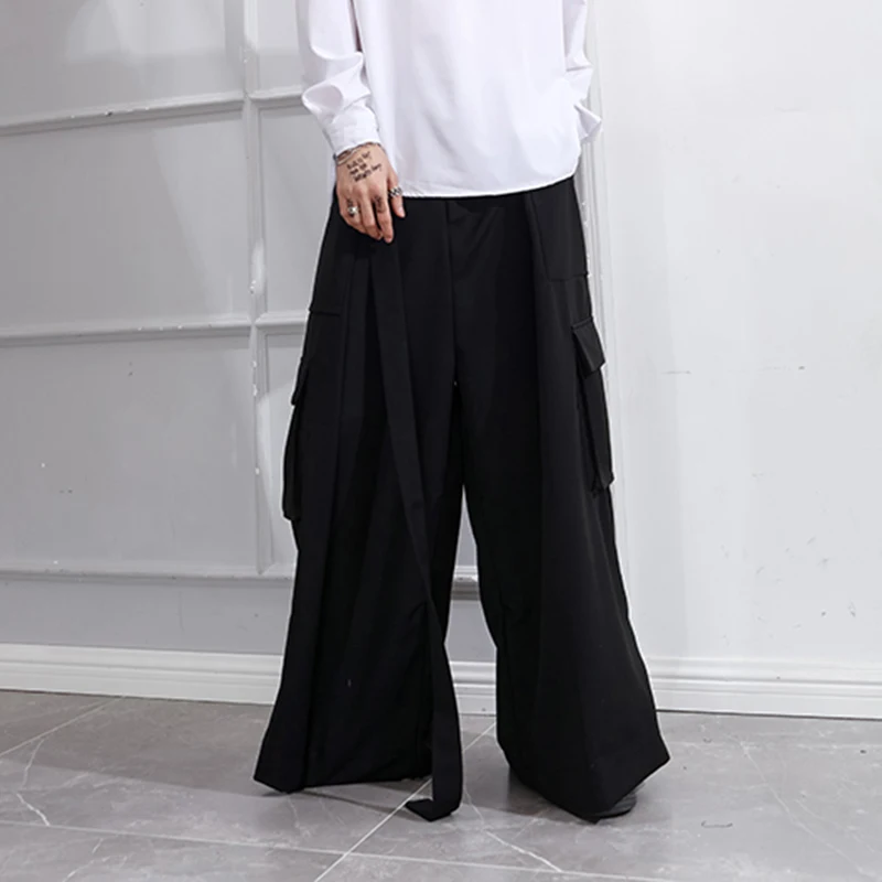 Men's Pants Autumn Winter Belt Loose Bell-Bottom Cargo Pants Culottes For Men Casual Pants Large Size Black Youth Yamamoto Style