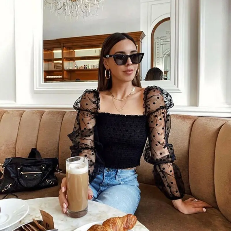 Sexy Frauen Runzlig Backless Bluse Hemd Mesh Sheer Puff Sleeve Wrap Brust Tops 2020 Frühling Sommer Damen Dots Bluse