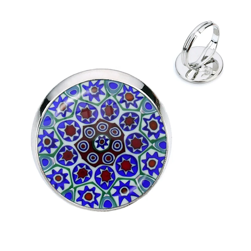 Tree Of Life Adjustable Ring Murano Millefiori 16mm Glass Cabochon Rings Jewelry For Women Girls Gift Wholesale