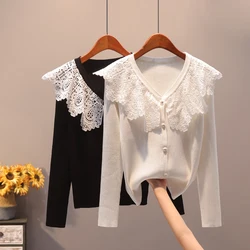 Spring Autumn Casual Solid V-neck Single Breasted Knitted Sweaters Women Elegant Lace Ruffles Thin Summer Chic Long Sleeves Tops