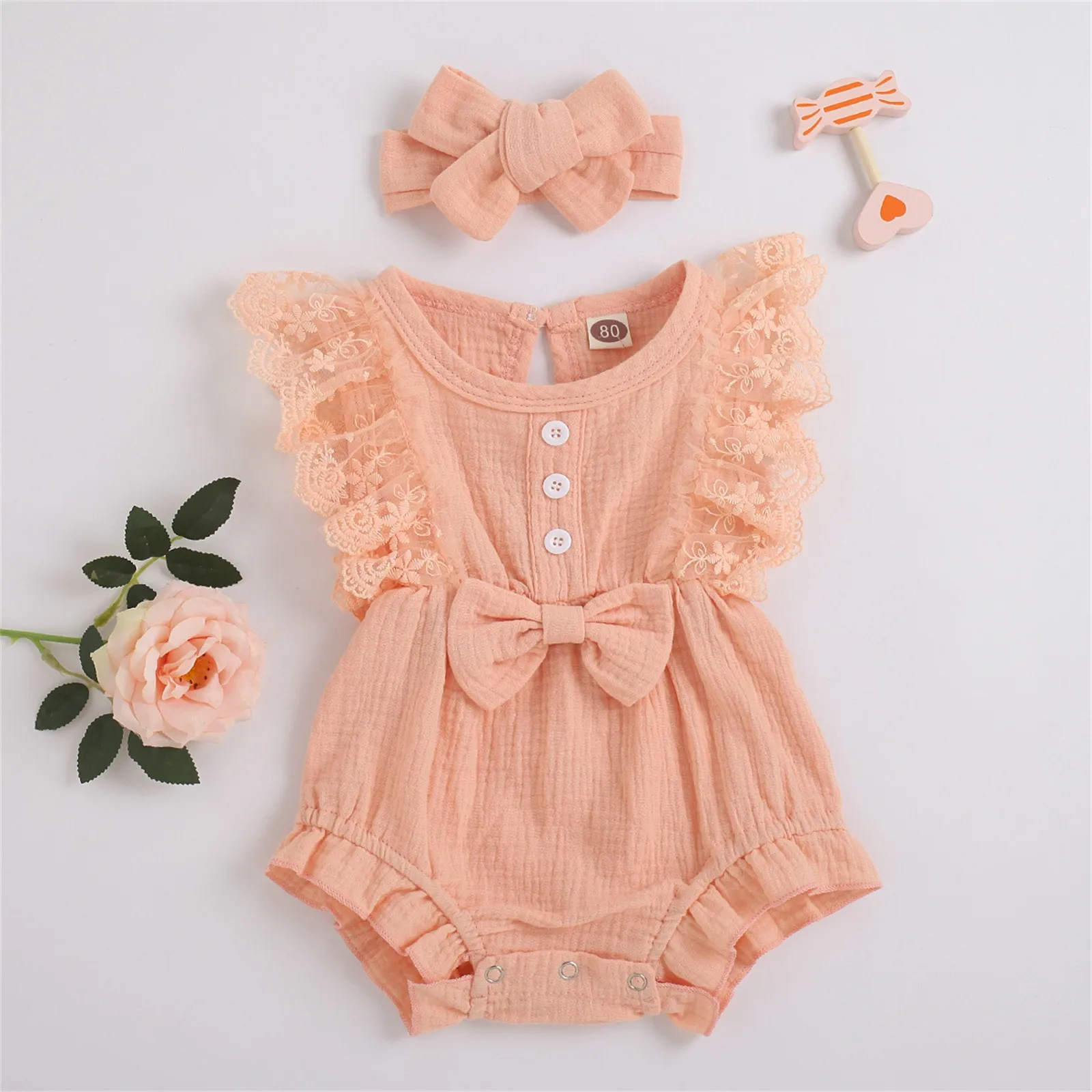 Summer Baby Girls Rompers Bow Lace Cotton Linen Jumpsuit +Headband Infant 2 Pcs Outfits Sets Newborn Baby Girls Clothing 0-18M