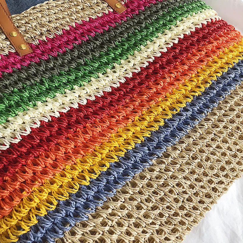 Borsa a tracolla da donna color arcobaleno borsa da spiaggia in Rattan intrecciata a mano in paglia intrecciata a mano borsa a tracolla da donna in pelle di grande capacità boemia