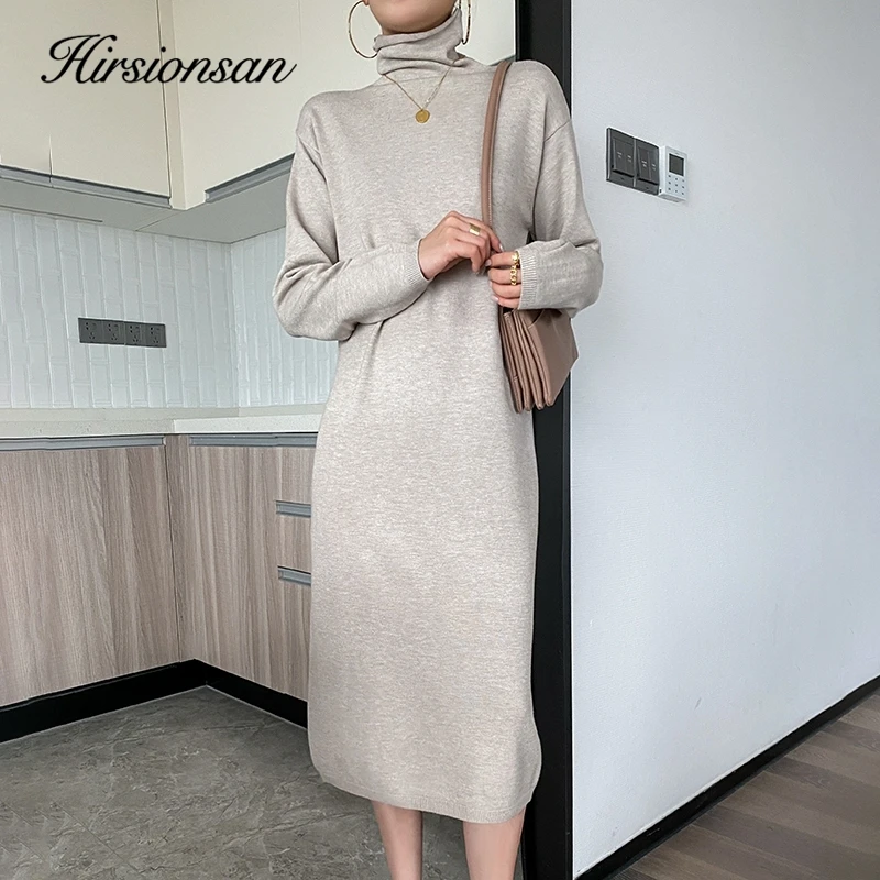 Hirsionsan Elegant Spring Autumn Bodycon Sweater Dress Women Soft Long Sleeve Solid Knit Dress Female 2023 New Clothing