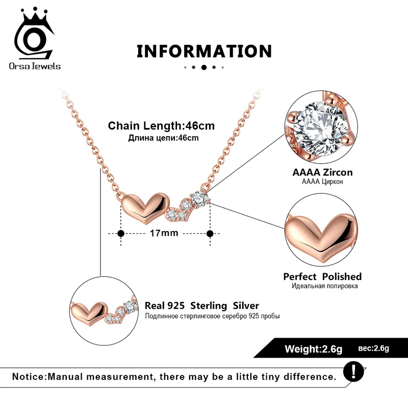 ORSA JEWELS Genuine 925 Sterling Silver Double Heart Necklace Pendant High Quality Rose Gold Plated Women Necklace Jewelry EQN13