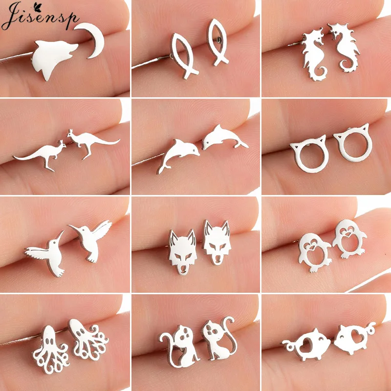 Multiple Tiny Stainless Steel Animal Earrings for Women Cute Hummingbird Fish Seahorse Wolf Earings Jewelry Accessory Gift