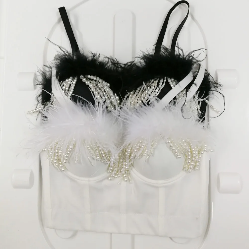 Cupnaya Pearls Fringes Feather Women Sexy Crop Top Summer Push Up Bustier Corset Short Padded Camisole Bralette Vest Black White