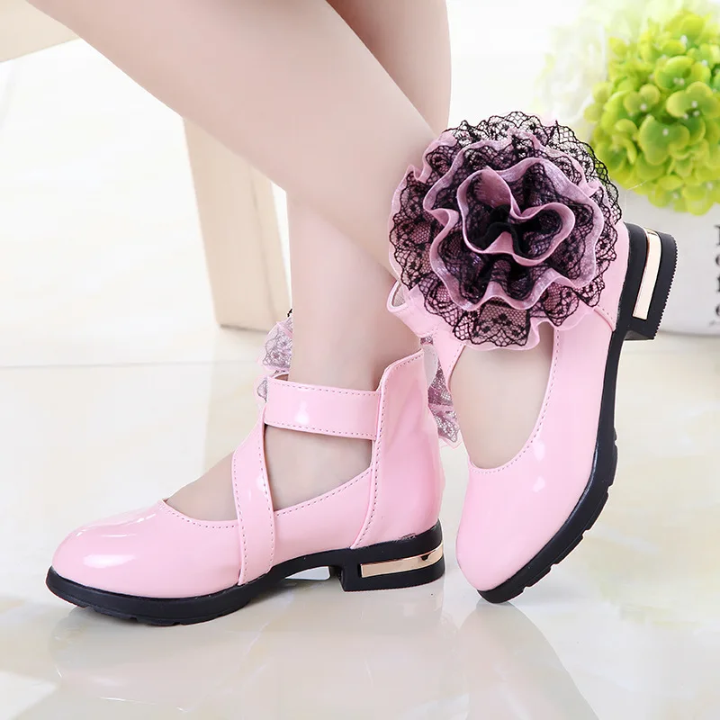 

2020 3-12 Years Big Flower Leather Shoes For Girls Party Wedding High-Heeled Fashion Princess Dress Autumn Shoes Black Pink Red