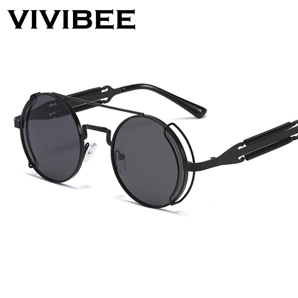 VIVIBEE Steampunk Sunglasses Men Round Red Lens Punk Sun Glasses Black Metal Gothic Style 2024 New Products Women UV400 Shades