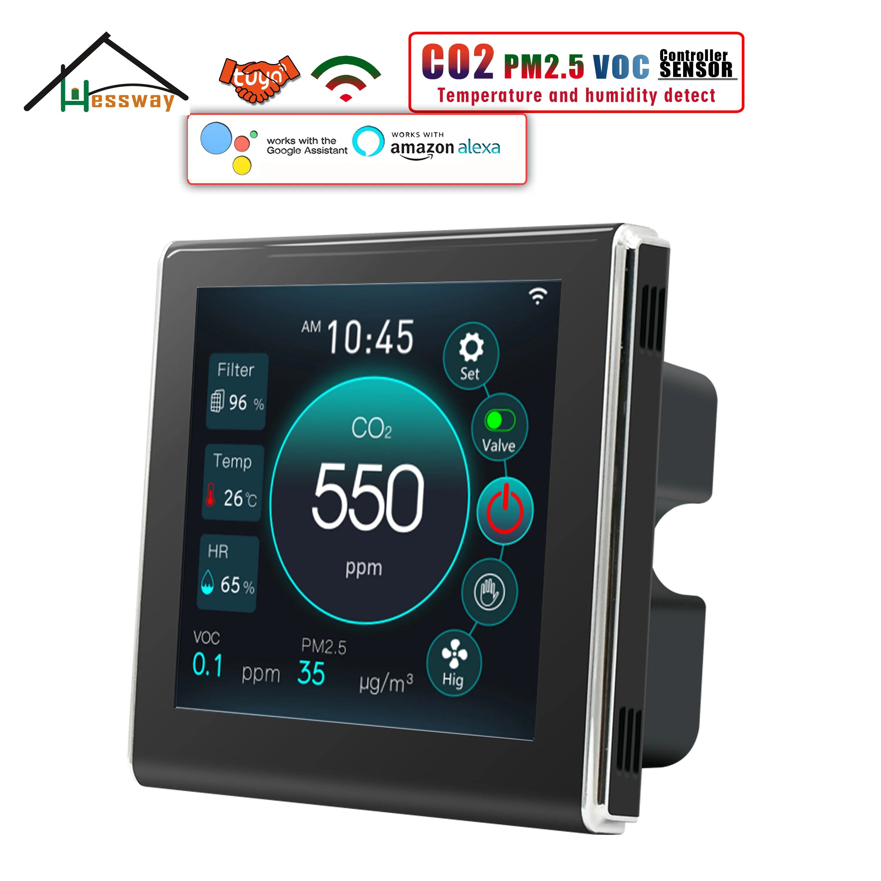 HESSWAY WIFI TUYA  CO2 VOC PM2.5 Sensor Detector Control for EC 0-10V/AC Output Through RS485&Modbusz Protocol Fresh Air System