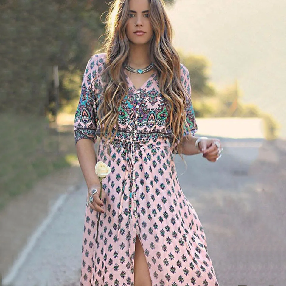 Bohemian Lady Cheap Long Dress Vintage Maxi Womans Dress Fashion Green Beach Retro Mint Black Free Shipp New Arrival