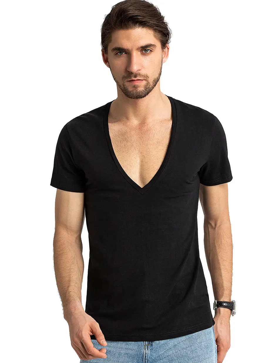Koszulka męska z głębokim dekoltem w szpic Koszulka męska z niewidocznym podkoszulkiem Męski niski dekolt w szpic Szeroka koszulka w kształcie litery V Model Scoop Hem Slim Fit Krótki rękaw