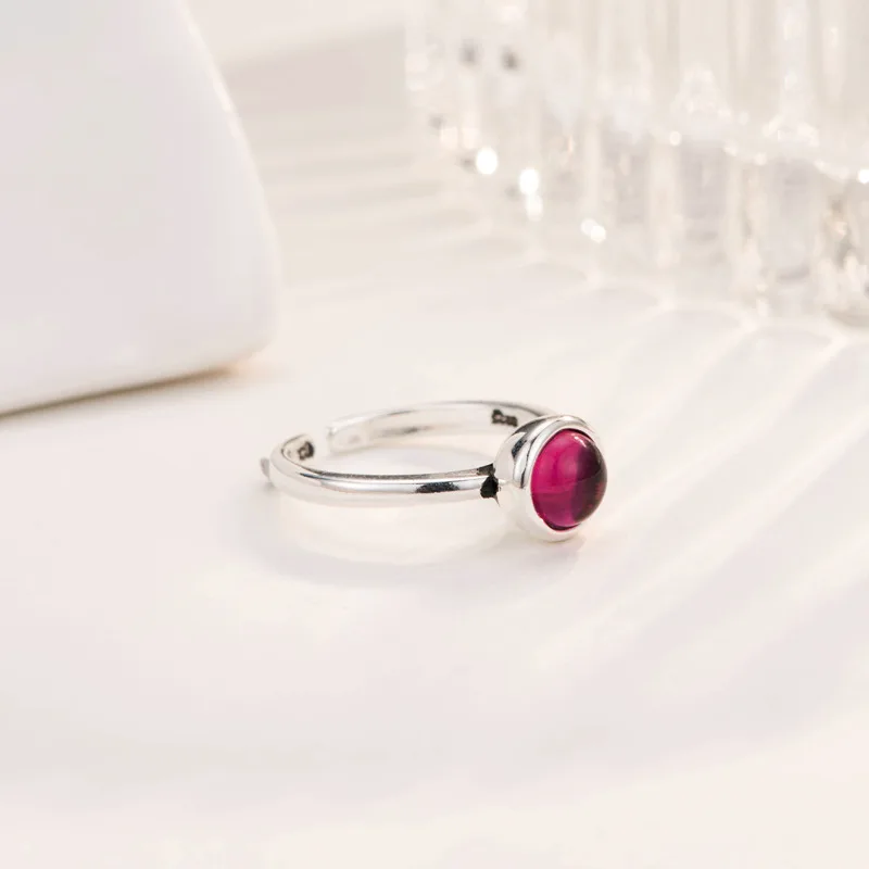 925 Sterling Silver Round Red Open Rings For Women Vintage Style Lady Prevent Allergy Sterling-silver-jewelry