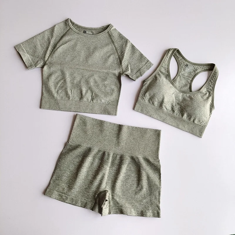 3PCS Seamless Women Yoga Set Sportswear Gym Clothing Fitness Sports Bra Crop Top Short Sleeve High Waist Leggings Sports Suit