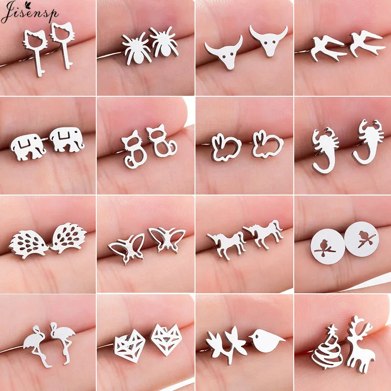 

Jisensp Cute Animal Stainless Steel Stud Earrings for Women Minimalist Deer Birds Cat Butterfly Earing Piercing Pendients 2025