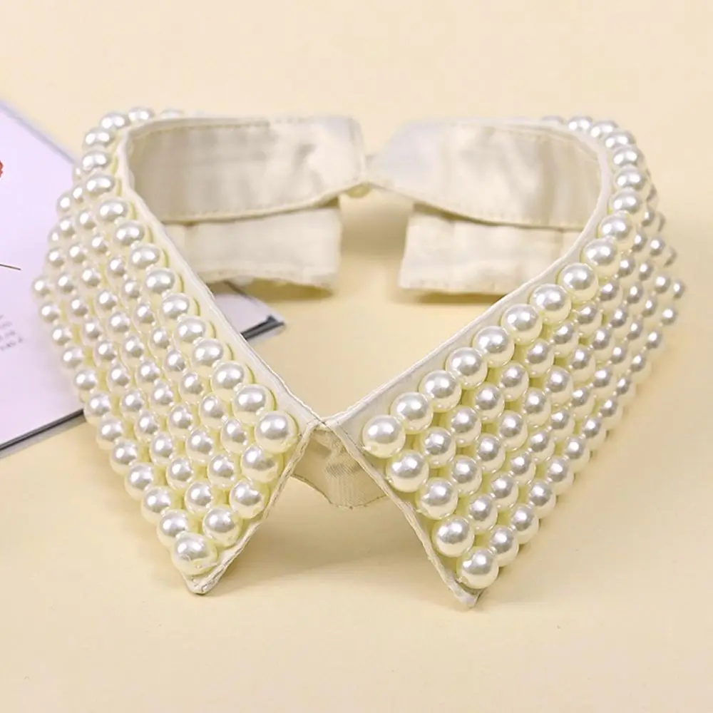 Women Handmade Imitation Pearl Layers Bib Detachable Collar Blouse Lapel Choker Necklace Decorative Dickey Half Shirt