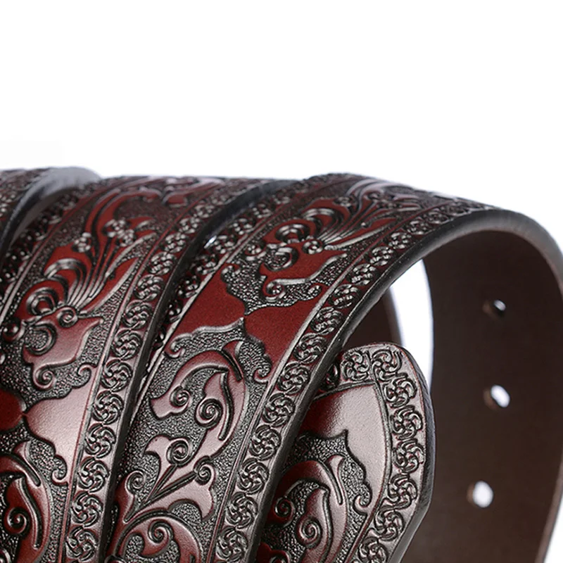 Male Print Leather Belt Floral Strap For Men 4.0 CM Black Vintage Embossing Genuine Cowskin Belt Designer Jeans High Quality