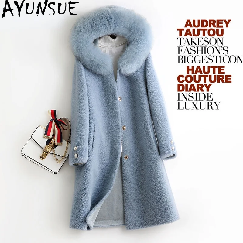 

AYUNSUE Winter Jacket Women 2021 Hooded Real Sheep Shearing Fox Fur Collar Coat Female Elegant Wool Jackets Manteau Femme Gxy520