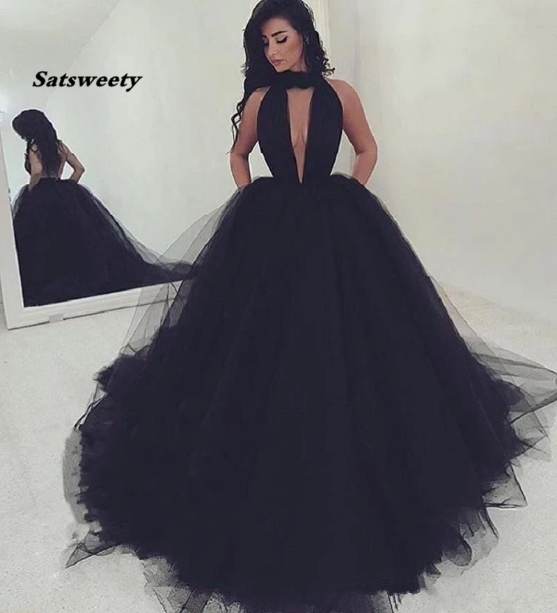 블랙 댄스 파티 드레스 볼 가운 홀터 Tulle Backless 섹시한 파티 Maxys 긴 파티 드레스 이브닝 드레스 Robe De Soiree