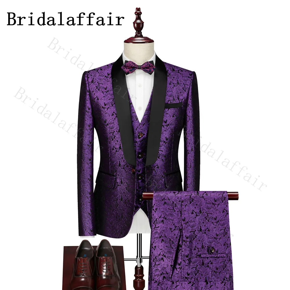 

Bridalaffair Men's Purple Suits 3 pieces Jacquard Jacket Pant Vest Full Suit Italian Wedding Dress Tuxedo for Men Costume Homme