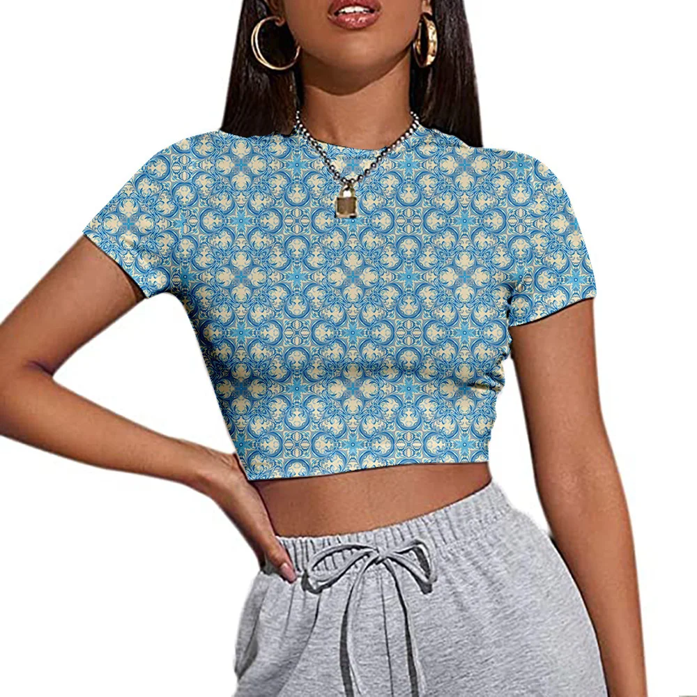 

Summer Crop Retro Decorative Pattern 3D Print Women Girl Short-sleeve Slim-cut Sexy Streetwear Casual T-shirt 2021 New Top