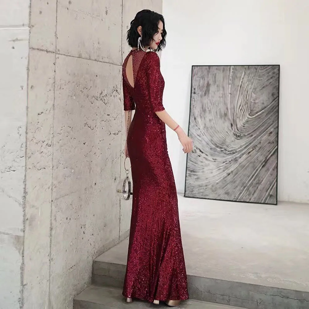 Elegant ชุดเจ้าสาว Burgundy Sequined ทรัมเป็ตแม่อย่างเป็นทางการ Gowns ชุดเจ้าสาวงานแต่งงาน