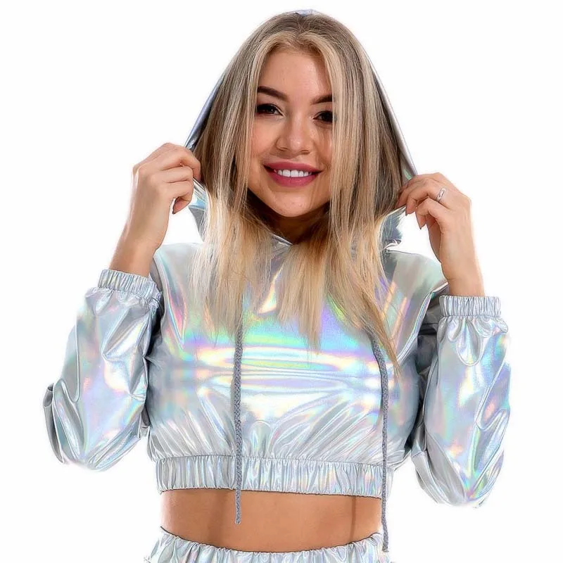Sexy Cropped Holographic Hoodies Women Shiny PU Metallic Hoody Long Sleeve Short Sweatshirt with Drawstring Pullovers Streetwear