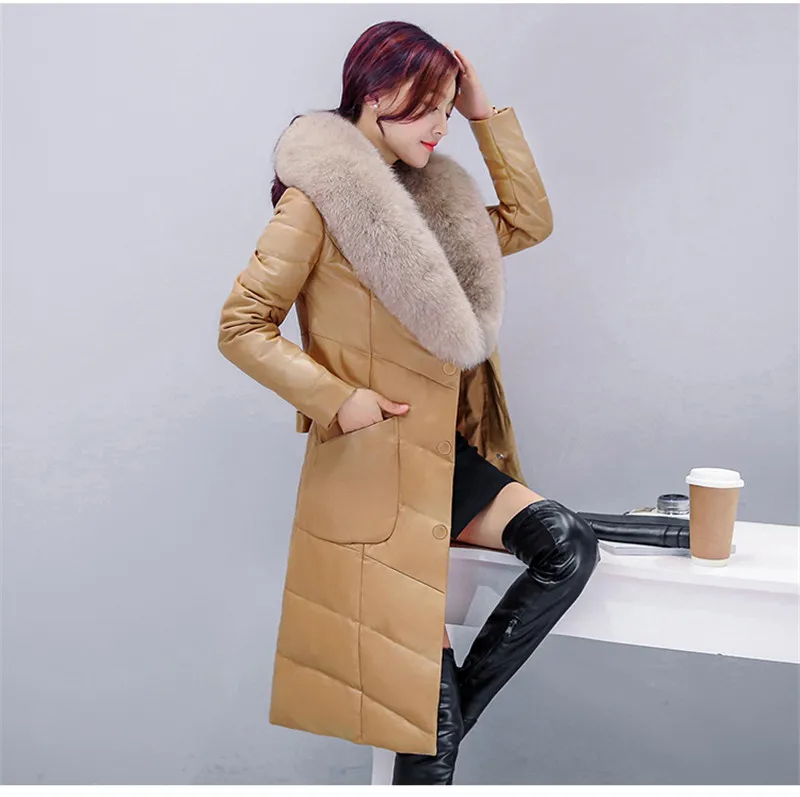 Down Boollili Women's Jackets Warm Thick Winter Coat Female Fur Collar Leather Jacket Slim Women's Fur Coat Jaqueta Couro