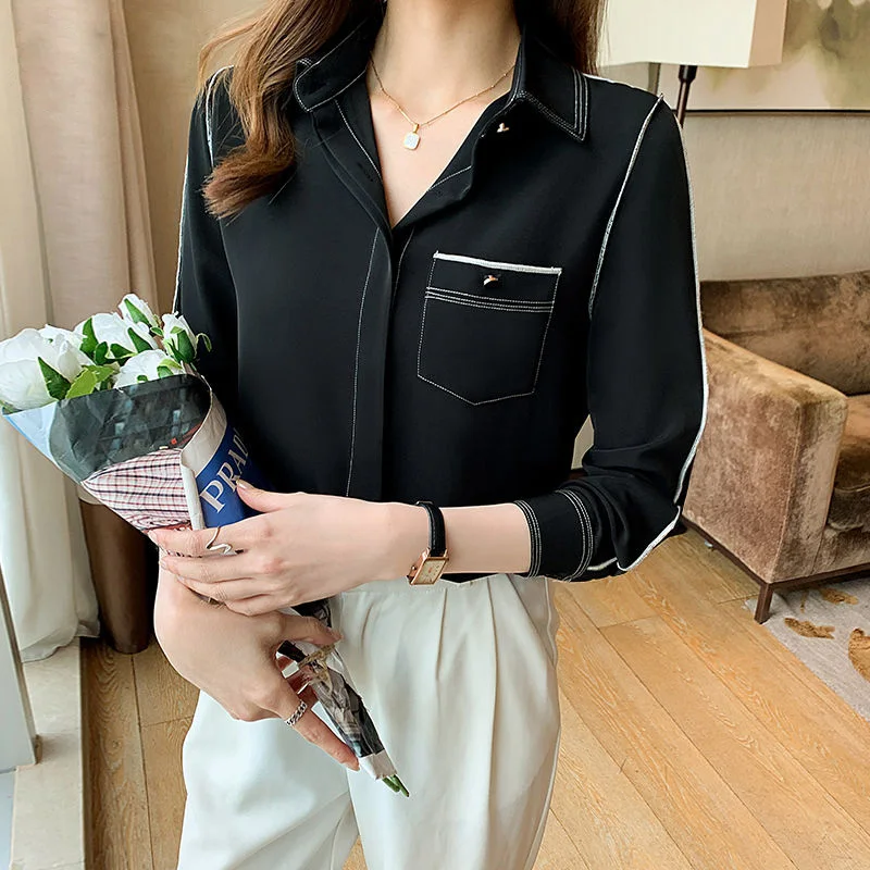 Fashion Bright Line Button Pockets Shirt Office Lady Elegant Chic All-match Shirts Solid Long Sleeve Lapel Casual Women\'s Blouse