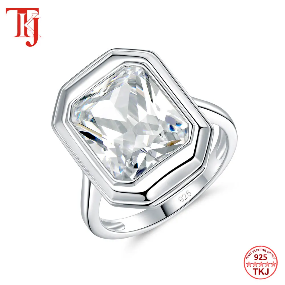 

TKJ 925 Sterling Silver Ring Rectangular Bezel Set Zirconia Ring Women's Fashion Solitaire Rings Wedding Jewelry Gift