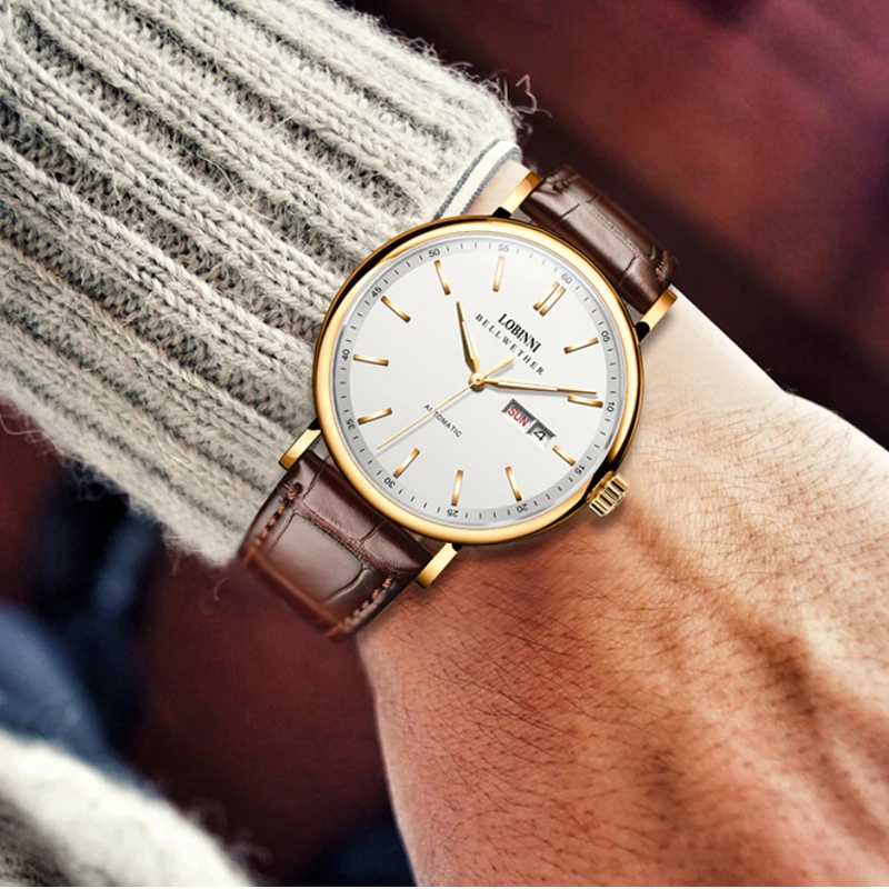 LOBINNI мужские деловые автоматические часы с кожаным ремешком, аналоговый дисплей, механические часы, дата, неделя, часы с сапфировым стеклом