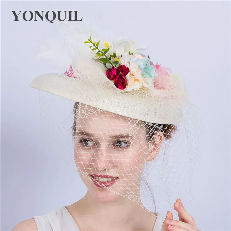 

Ivory Wedding Mesh Fascinator Hat Fashion Headpiece With Fancy Flower Headwear Hair Clip For Women Formal Dress Church Chapeau