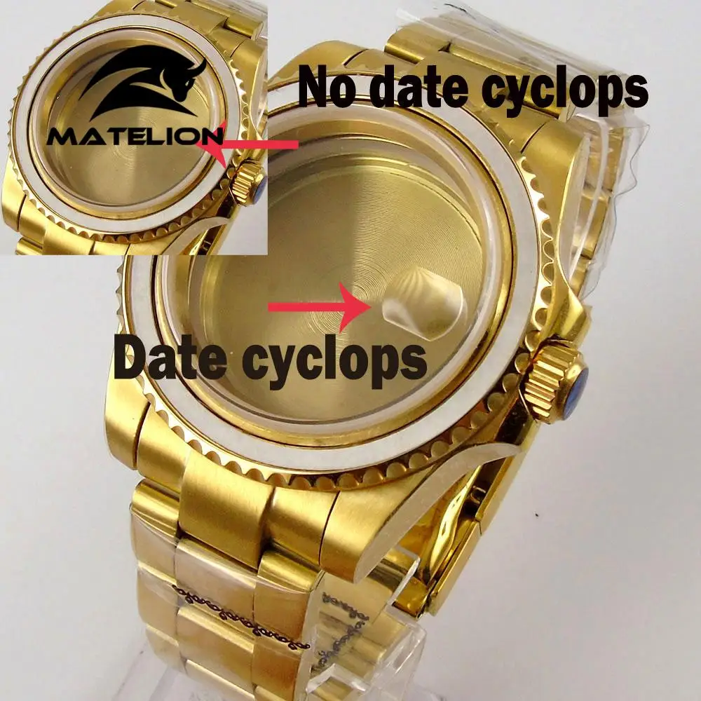 40mm Gold Plated Sapphire Watch Case+ Bracelet Fit For Oyster  NH35 Miyota 8215 821A ETA eta 2836 Movement Date Cyclops