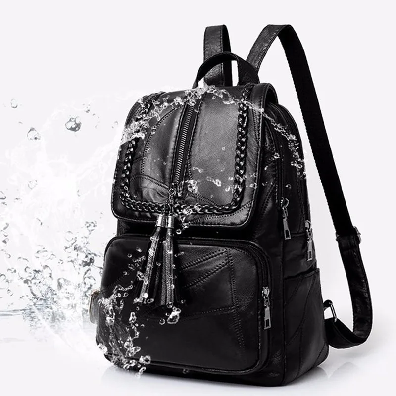 Mochila escolar de cuero PU para mujer, bolso de hombro de viaje impermeable, negro clásico, multifunción