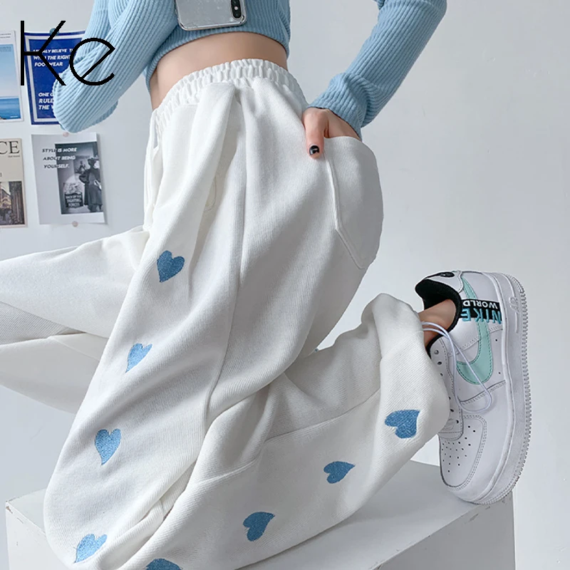 

KE136 White sweatpants women loose feet spring and autumn 2023 new love embroidery wide-leg casual pants ins tide