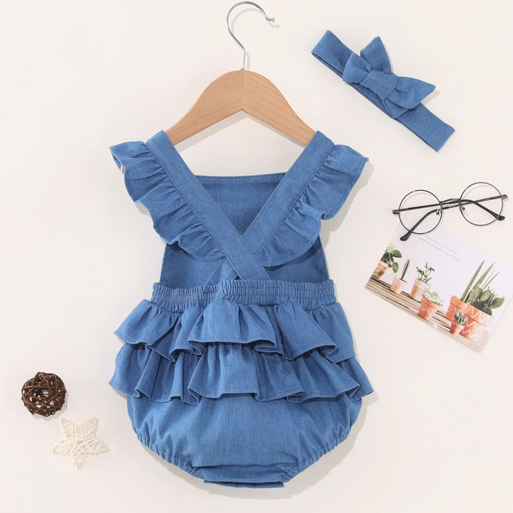 Cute Baby Girl Blue Denim Jumpsuit  Cotton Little Girls Ruffled Romper with Headband