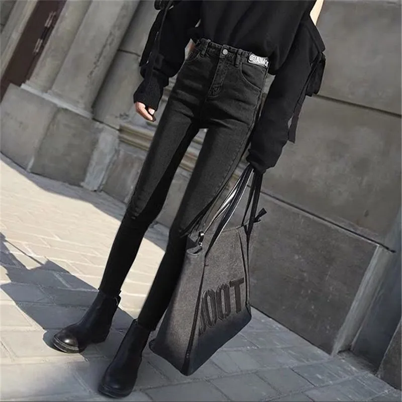 Mom High Waist Plus Size Pencil Jeans Women Skinny Black Gray Stretch Denim Pants Ladies Fashion Leather Belt mujer Streetwear