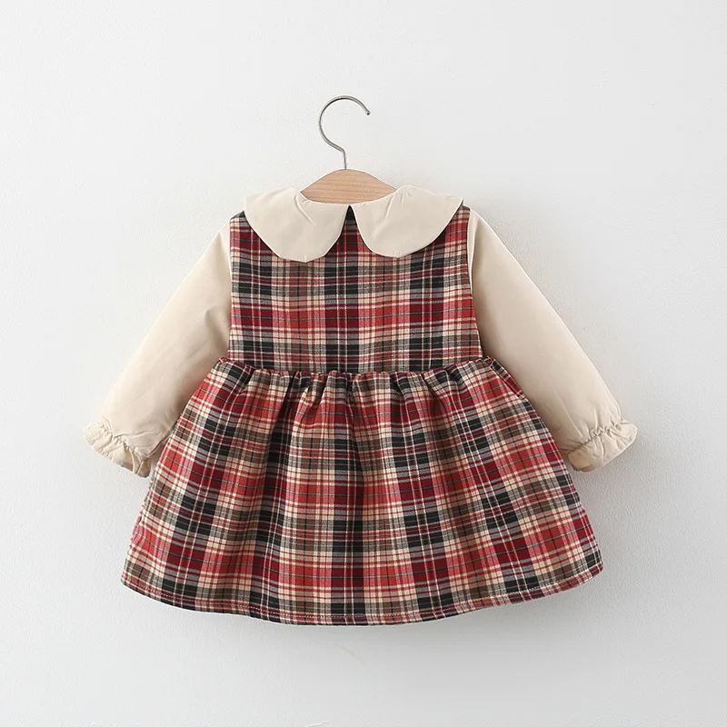 2021 new Winter 1 year baby\'s birthday newborn girl\'s clothes plaid bowknot dress for girls baby clothing outdoor warm dress