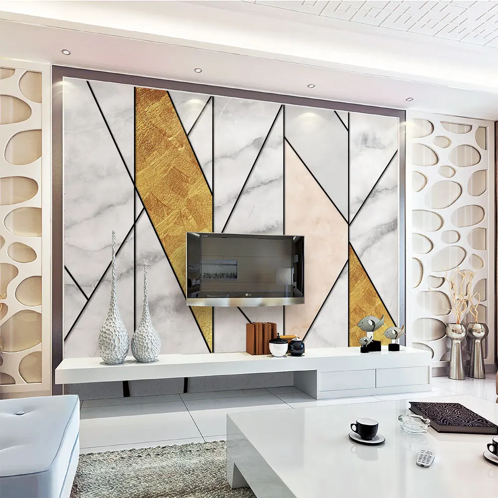 Custom 3D wallpaper Nordic geometric gold lines marble texture background wall decoration - high-grade waterproof material