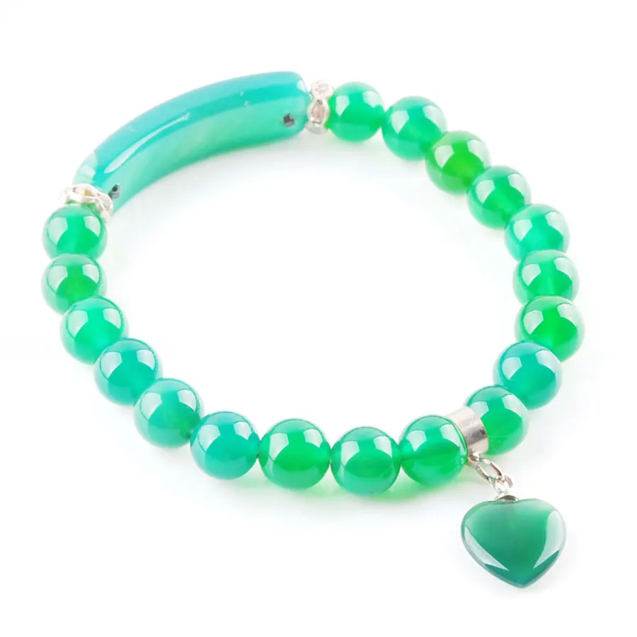 WOJIAER Natural Green Agate Stone Stretch Bracelets Heart Shape Healing Beads Bangles Rectangle Stones for Girl Jewelry K3320