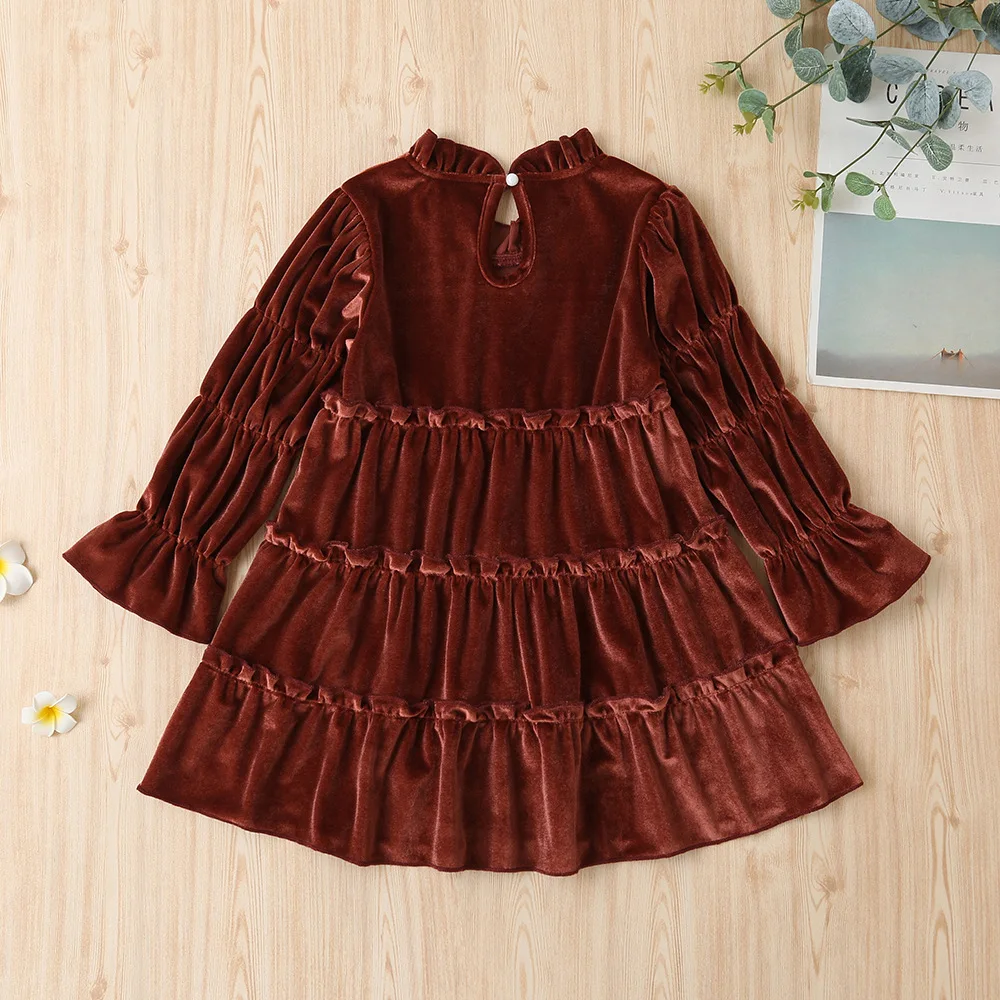 Autumn Winter 2024 New Girls Dress Long Sleeve Velvet Turtleneck Wine Red Black Pleated Solid Cute Sweet Baby Vestidos 2-6T