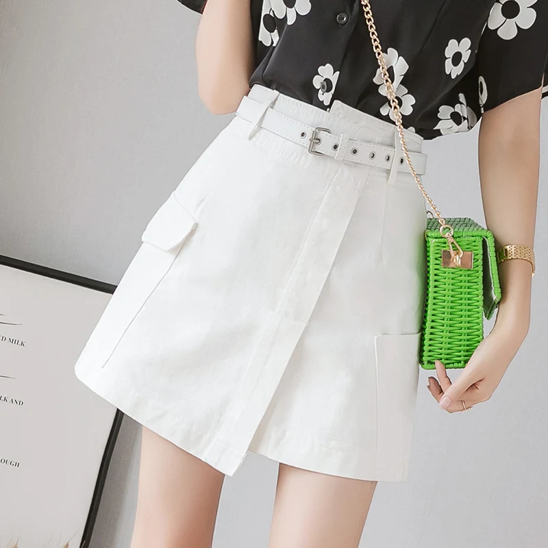 

New Spring and Summer Denim Half-length Skirt Women's High Waist Thin and Irregular Big Pockets A-line Short Skirt with Belt