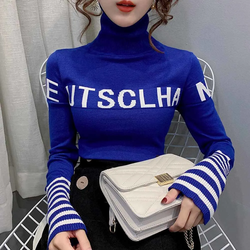 Winter Black White Blue Orange Sweater Women Turtleneck Pullovers Letters Slim Harajuku Casual Turtleneck Sweater Autumn