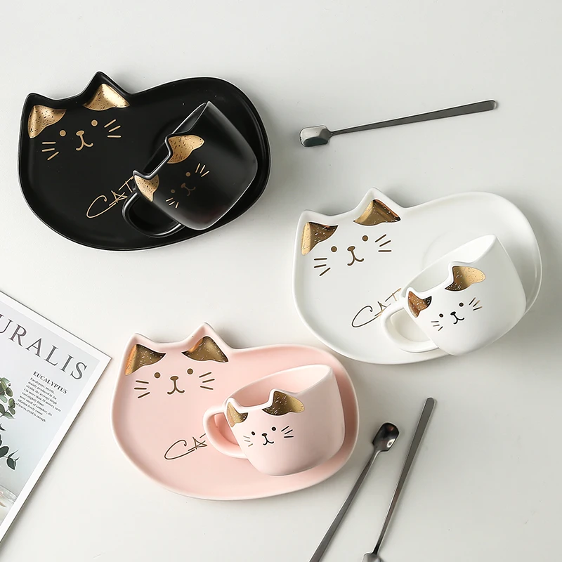 Cartoon Kitten Ceramic Mug Creative Cat Ear Coffee Cup Dessert Plate Spoon Set Gold Cats Porcelain Mugs Saucer Coffee Spoons